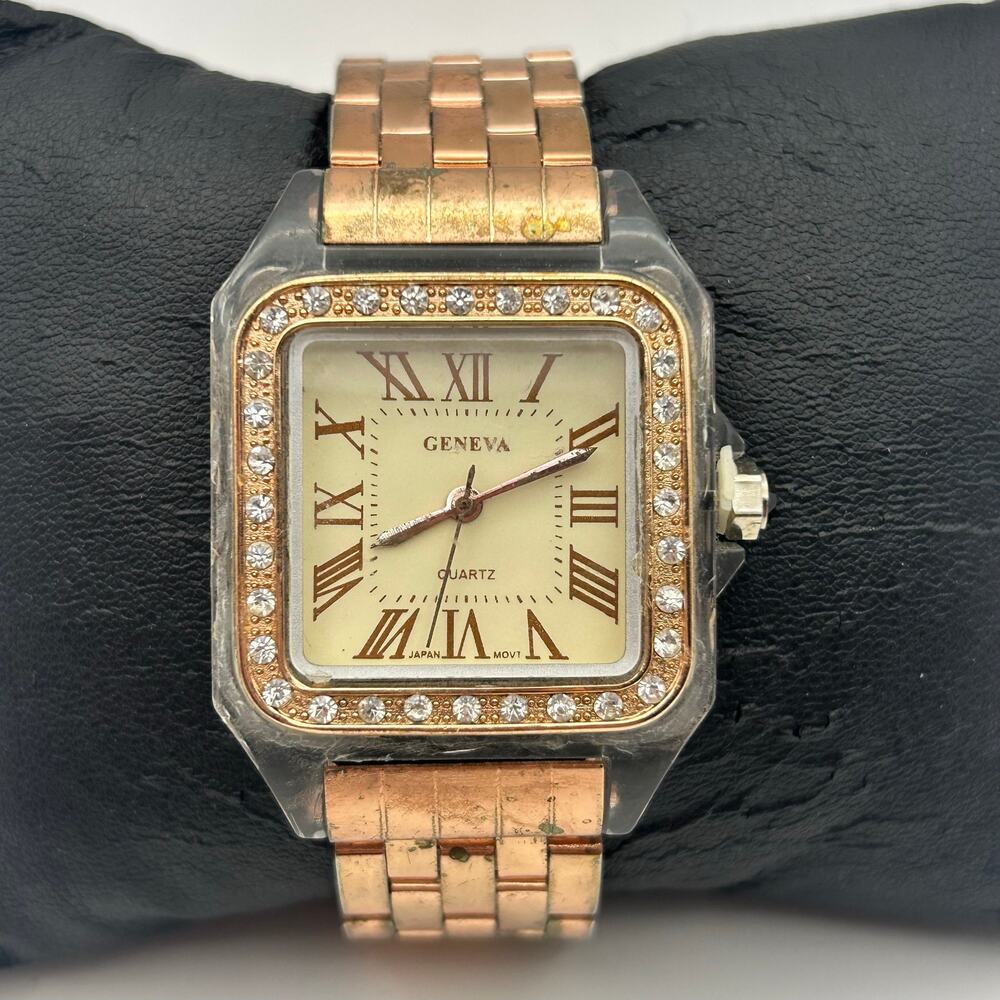 Geneva Rose-gold Square Dial Crystal Bezel Quartz Watch Working New Battery